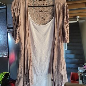 Beige Open-Front Cardigan with White Lace Tank